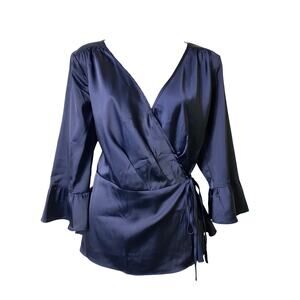 7th Avenue Blue Peplum Wrap‎ Top Bell Sleeves Sz S ( 2517)